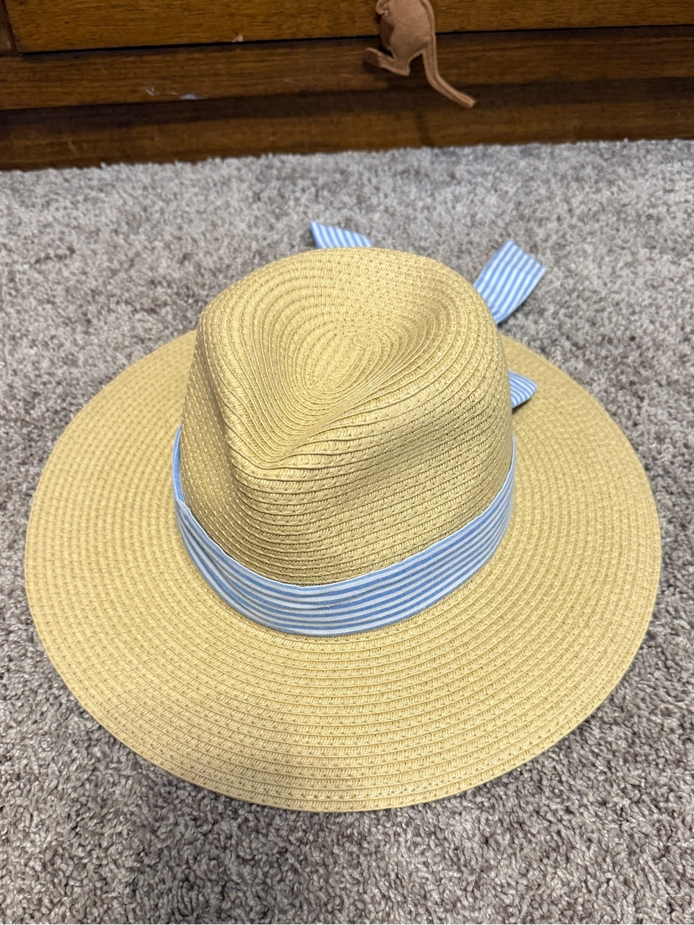 J. Crew Straw Sun Hat with Light Blue and White Stripe Band and Bow